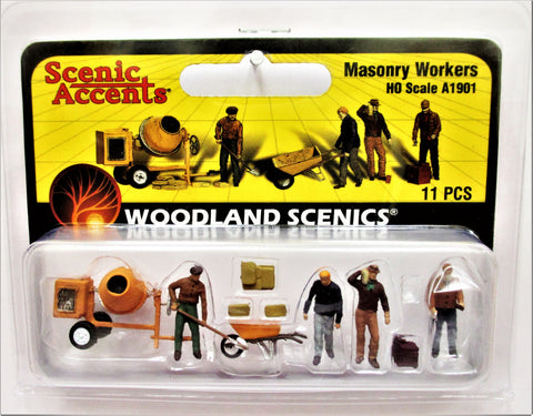 HO Scale Woodland Scenics A1901 Masonry Workers w/Mixer Figures (11) pcs
