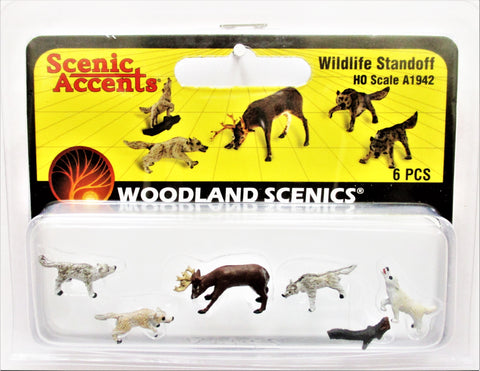 HO Scale Woodland Scenics A1942 Wildlife Wolf Elk Standoff Figures (6) pcs