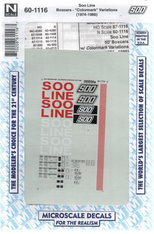 N Scale Microscale 60-1116 Soo Line 50' Box Cars with Colormark Variations Decal Set