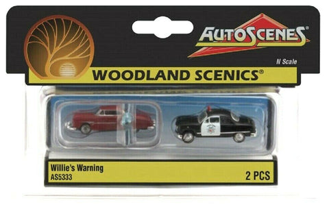 N Scale Woodland Scenics AutoScenes AS5333 Willie's Warning Sedan & Police Car