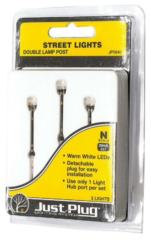 N Scale Woodland Scenics JP5640 Just Plug Double Lamp Post Street Lights (3) pcs