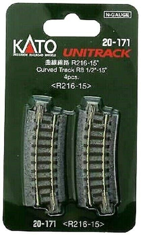 N Scale Kato Unitrack 20-171 Curve Track 15-Degree 8-1/2" 216mm Radius (4) pcs