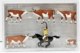 HO Scale Preiser Kg 10159 Riding Cowboy and 5 Longhorn Cattle Figures (7) pcs