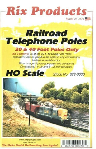 HO Scale Rix Products 628-0030 Railroad Telephone 30 & 40' Poles Only Kit (36)pc