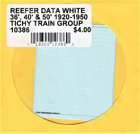 HO Scale Tichy Train 10386 White 36' 40' and 50' Refrigerator/Reefer Data Decal Set