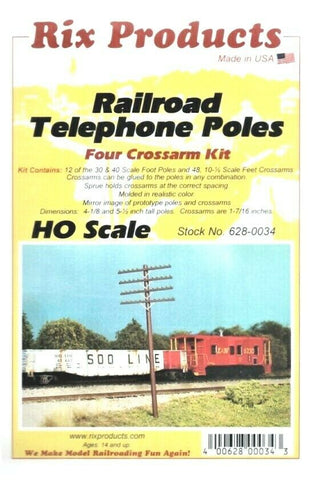 HO Scale Rix Products 628-0034 Railroad Telephone Poles 4-Crossarm Kit