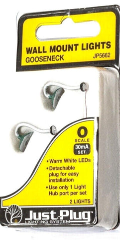 O Scale Woodland Scenics JP5662 Just Plug Gooseneck Wall Mount Lights (2) pcs