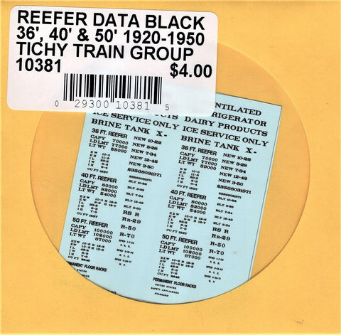 HO Scale Tichy Train 10381 Black 36', 40' and 50' Refrigerator Car Data Decal