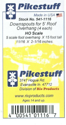 HO Scale Pikestuff 541-1116 Downspouts w/Large Overhang pkg (4)