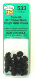 HO Scale Kadee #533 33" Diameter Ribbed Back Metal Code 88 Semi-Scale Wheels