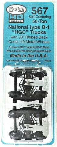 HO Scale Kadee #567 National Type B-1 50-Ton Self Centering Trucks w/33" Ribbed Back Wheels