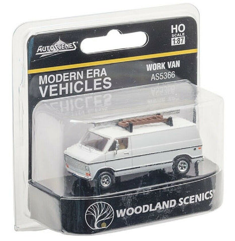 HO Scale Woodland Scenics Modern AutoScenes AS5366 White Work Van w/Ladder Rack