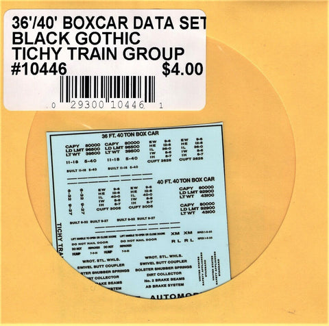 HO Scale Tichy Train 10446 Black 36' 40' Boxcar Data Gothic Lettering Decal Set