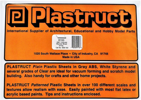 Plastruct 91103 SSS-103 White Styrene Sheet 7 x 12" .030" pkg (5)