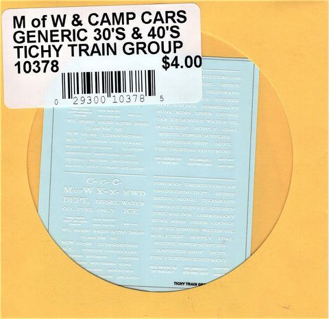 HO Scale Tichy Train 10378 MOW Maintenance-of-Way & Camp Car Data White Decal