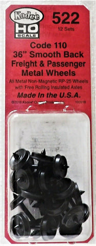 HO Scale Kadee #522 36" Diameter Smooth Back Metal Code 110 Wheels (12) pcs