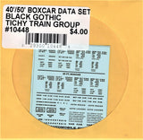 HO Scale Tichy Train 10448 Black 40' 50' Boxcar Data Gothic Lettering Decal Set
