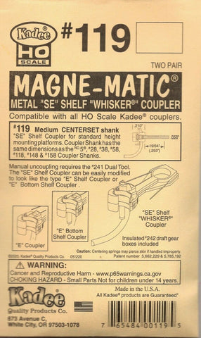 HO Scale Kadee #119 SE Shelf Whisker Metal Couplers Medium 9/32" Centerset Shank