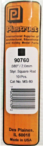 Plastruct 90760 MS-80 Styrene Square Rods .080 x 10" Long pkg (10)