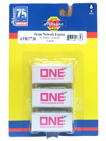 N Scale Athearn 17730 ONE Ocean Network Express 20' Reefer Container (3) pk