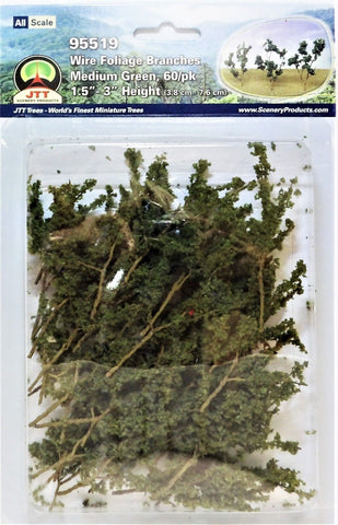 HO Scale JTT Miniature Tree 95519 Medium Green Wire Foliage Branches 1-1/2 to 3" (60) pcs