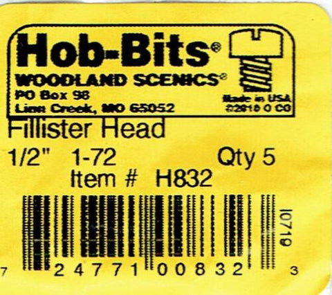 Hob-Bits H832 Brass 1-72 1/2" Long Fillister Screws (5) pcs