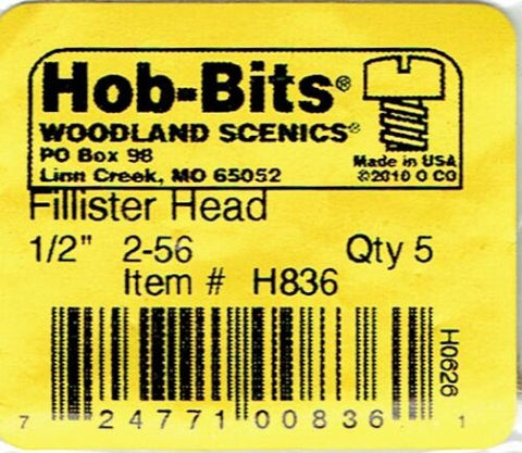 Hob-Bits H836 Brass 2-56 1/2" Long Fillister Screws (5) pcs