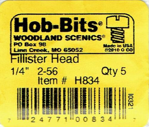 Hob-Bits H834 Brass 2-56 1/4" Long Fillister Screws (5) pcs